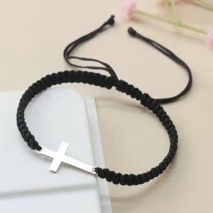 1 Handwoven Bracelet w/ Stainless Steel Cross Charm: Select Black, blue or green